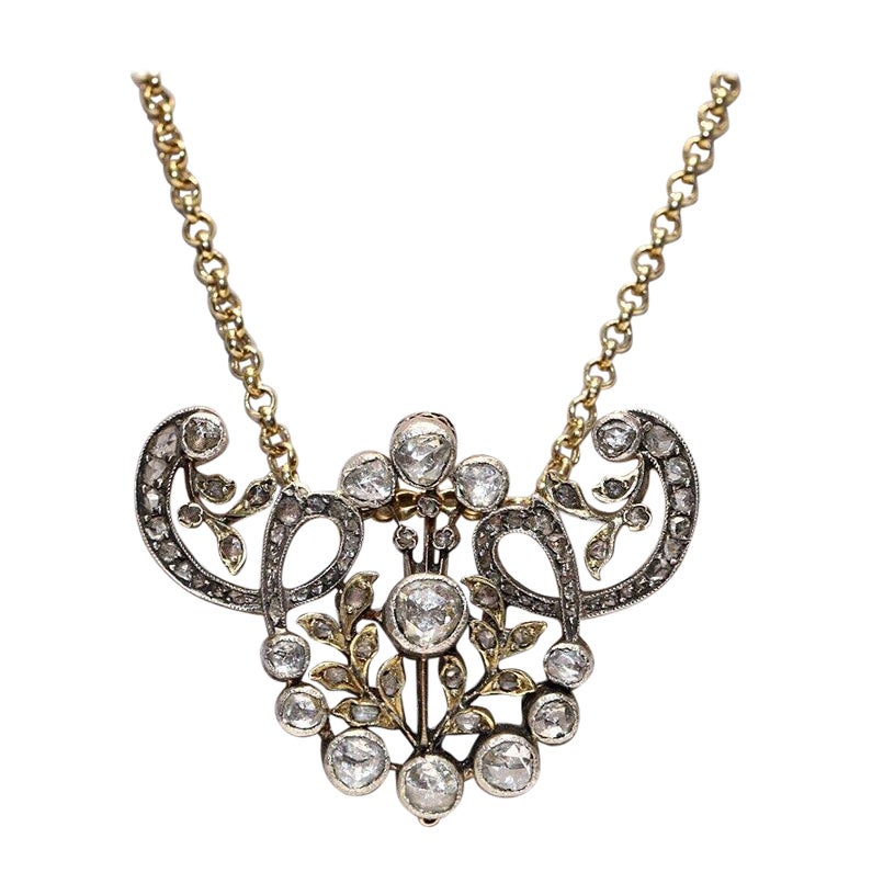 Antique datant des années 1900, or 14 carats, argent et diamants naturels taille rose Collier