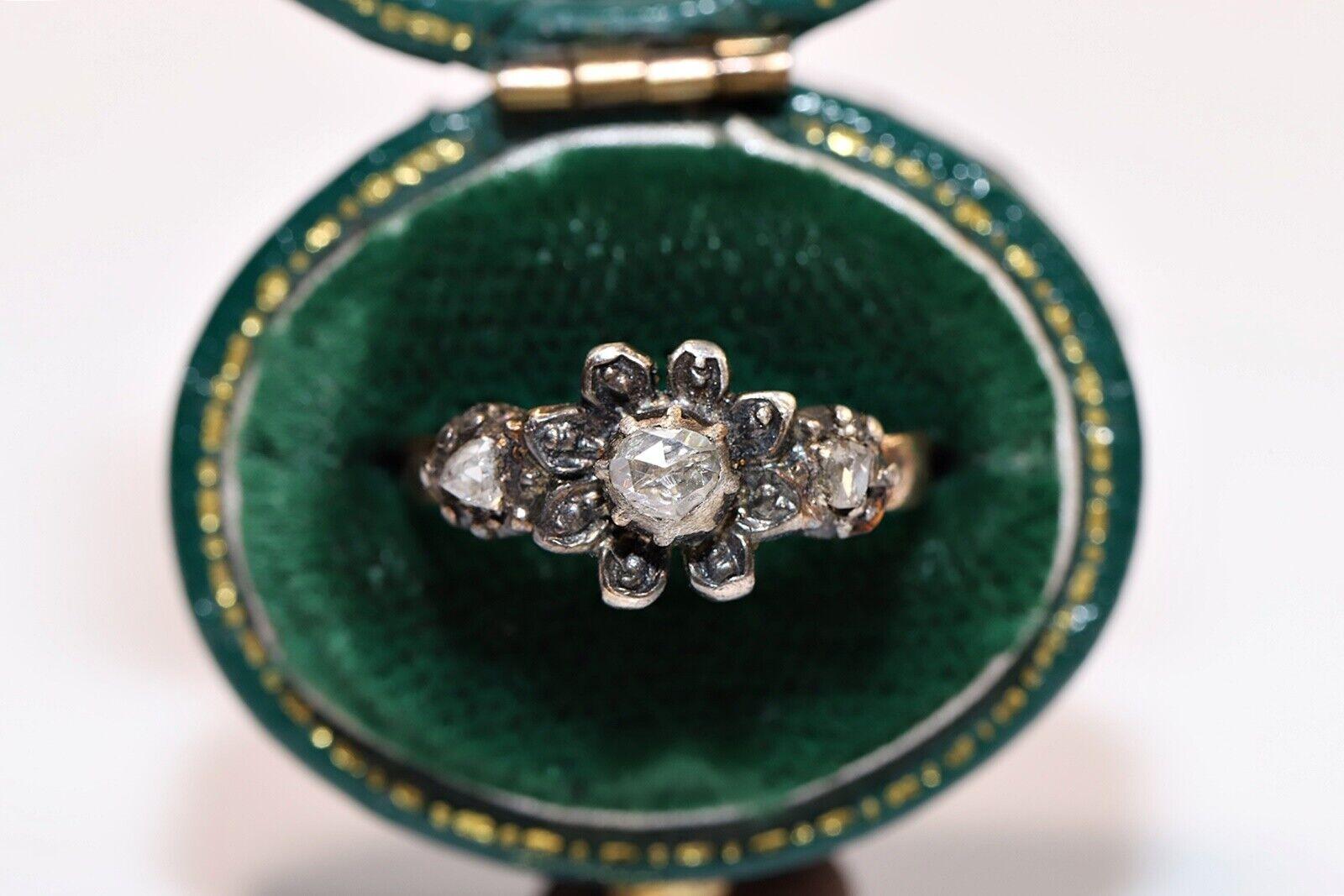 Antique Circa 1900s 14k Gold Top Silver Natural Rose Cut Diamond Pretty Ring For Sale 6