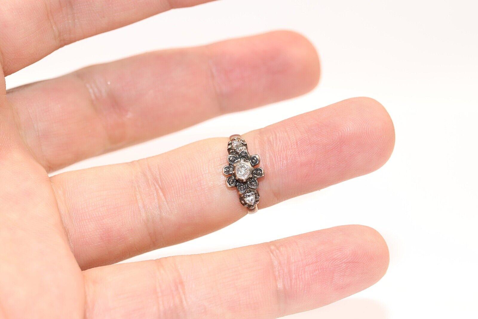 Antique Circa 1900s 14k Gold Top Silver Natural Rose Cut Diamond Pretty Ring For Sale 4