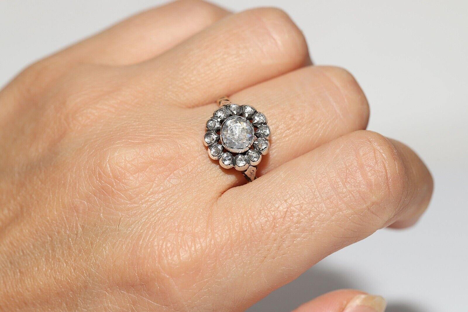 Antique Circa 1900s 14k Gold Top Silver Natural Rose Cut Diamond Ring For Sale 5