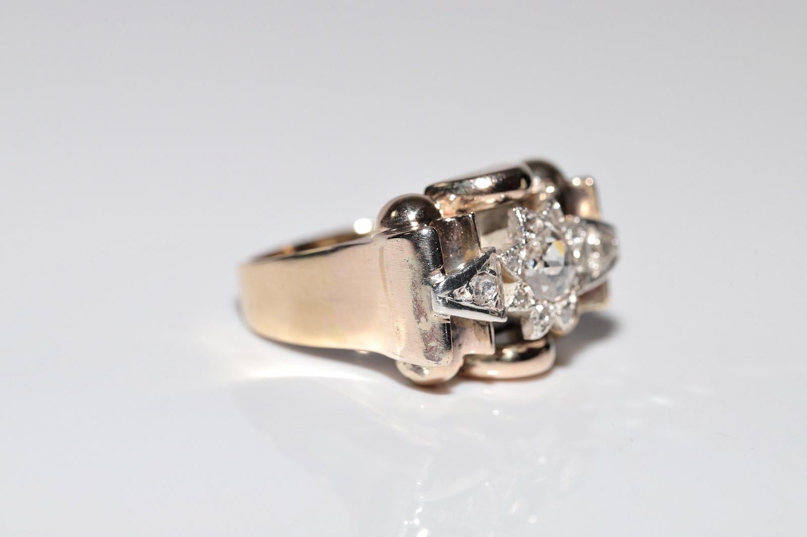 Taille rose Bague ancienne datant des années 1900, or 14 carats, argent et diamants naturels taille rose en vente