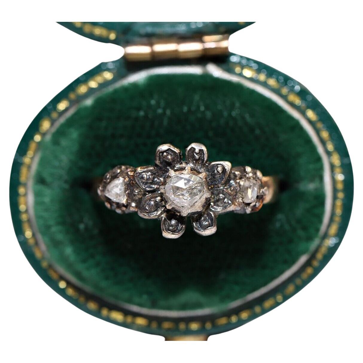 Antique Circa 1900s 14k Gold Top Silver  Natural Rose Cut Diamond Ring  For Sale
