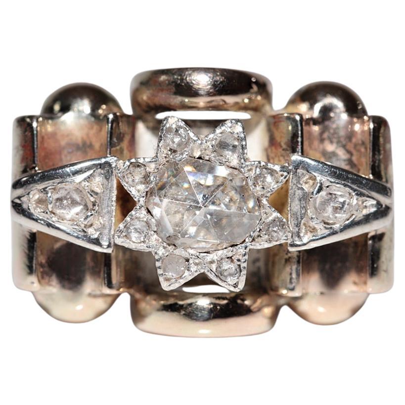 Antiguo anillo de diamantes talla rosa natural de oro de 14 quilates de la década de 1900