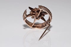 Antique Circa 1900s 14k Natural Diamond Decorated Moon And Star Brooch