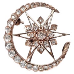 Antique Circa 1900s 14k Natural Diamond Decorated Moon And Star Brooch