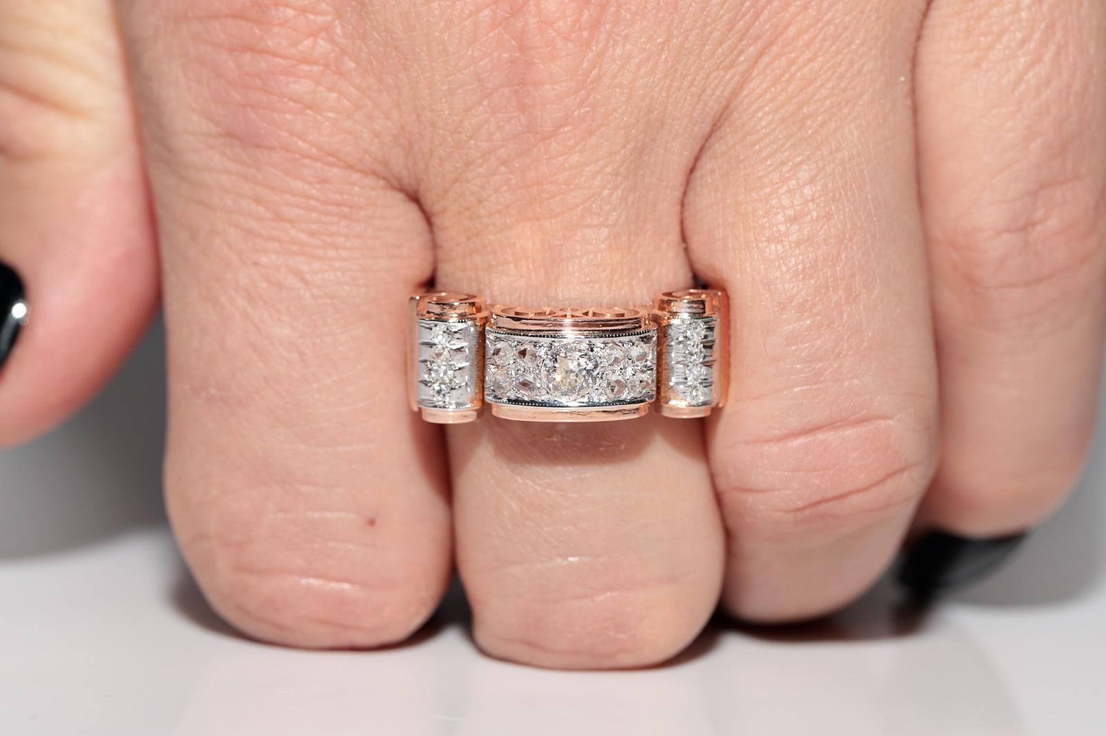 Old Mine Cut Antique Circa 1900s 14k Rose Gold Natural Diamond Decorate Tank Ring For Sale