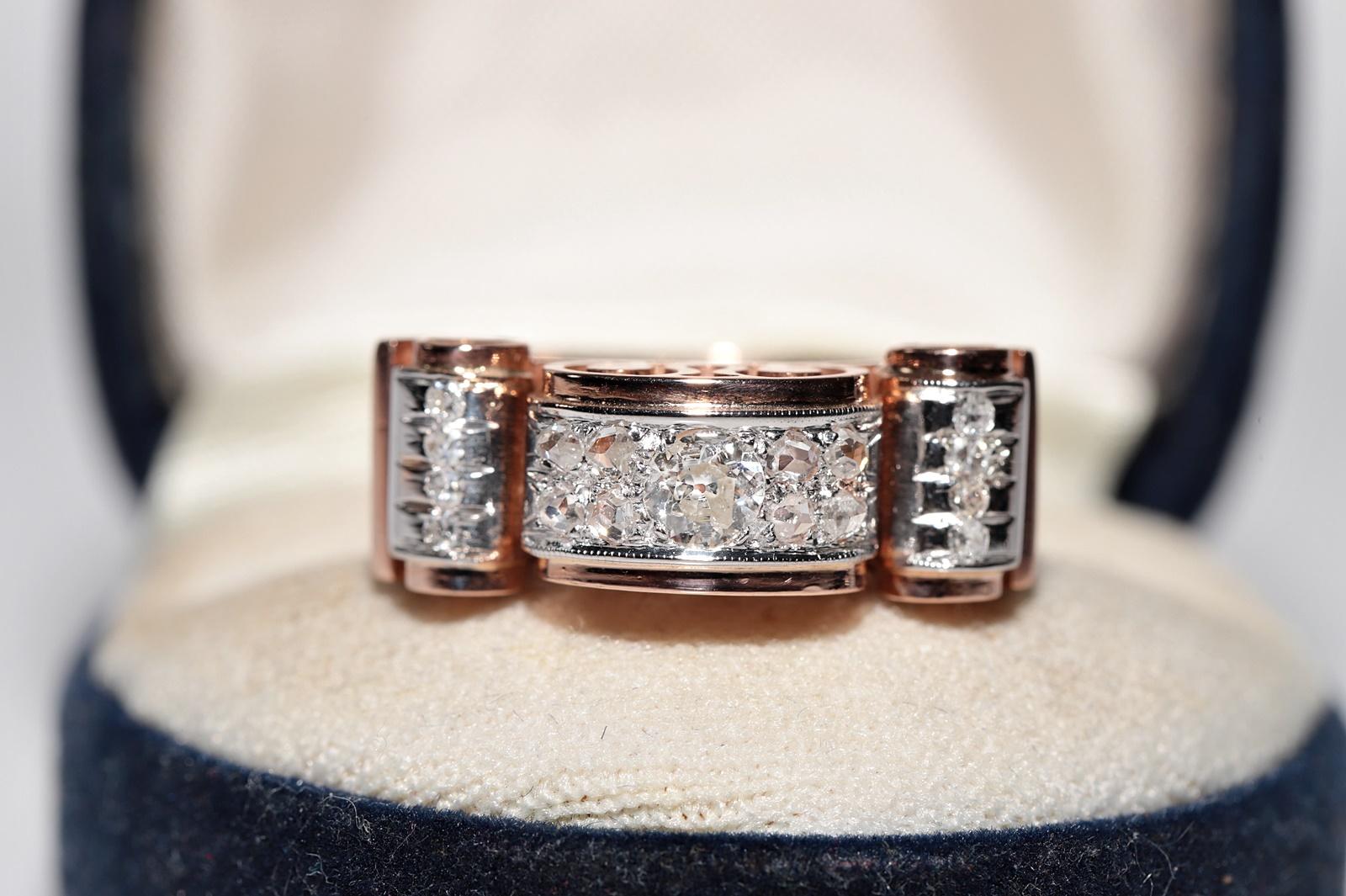Antique Circa 1900s 14k Rose Gold Natural Diamond Decorate Tank Ring For Sale 1
