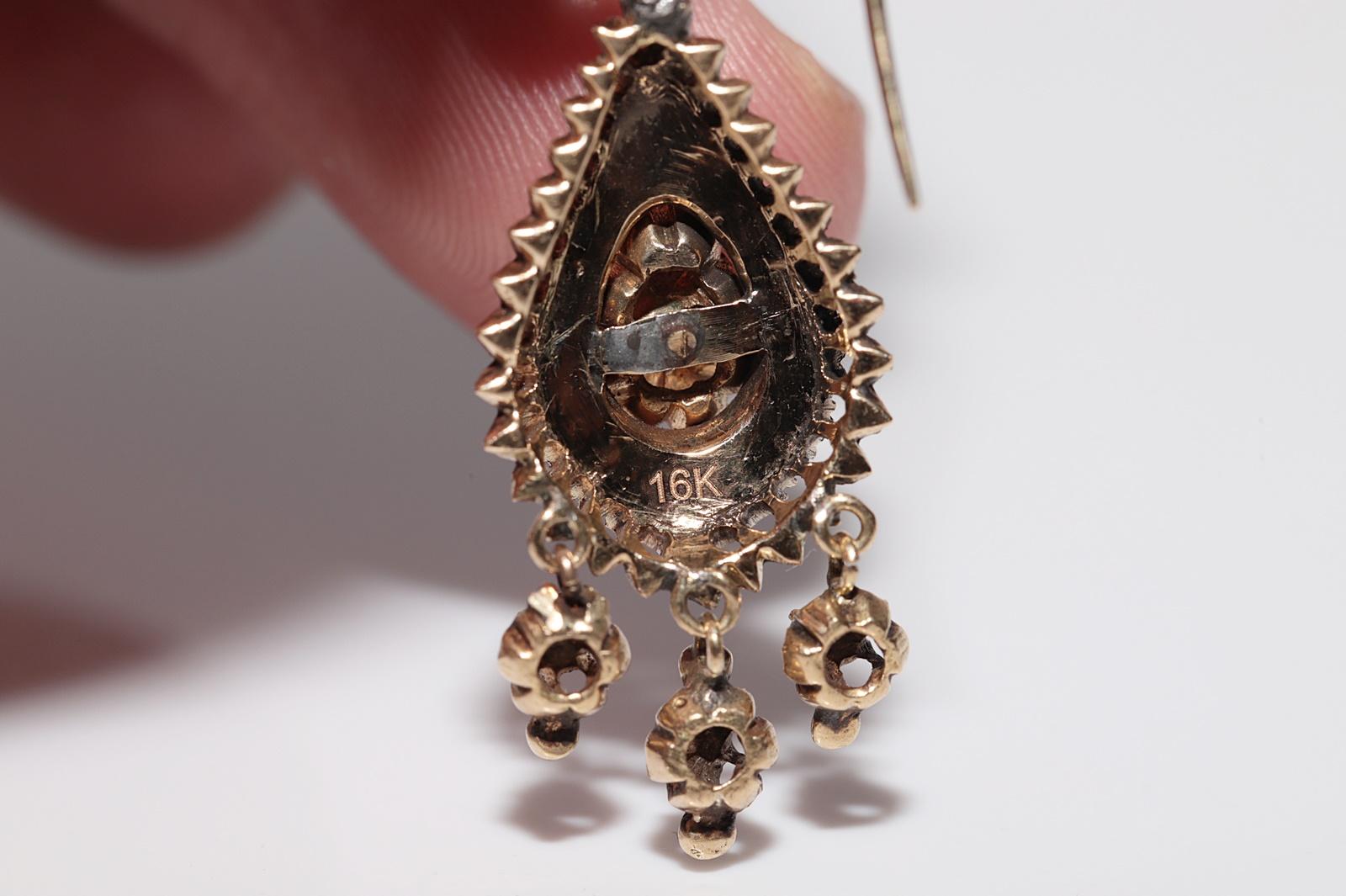 Antiquité Circa 1900s Or 16k Ottoman Naturel Diamant Rose Cut Drop Earring en vente 4