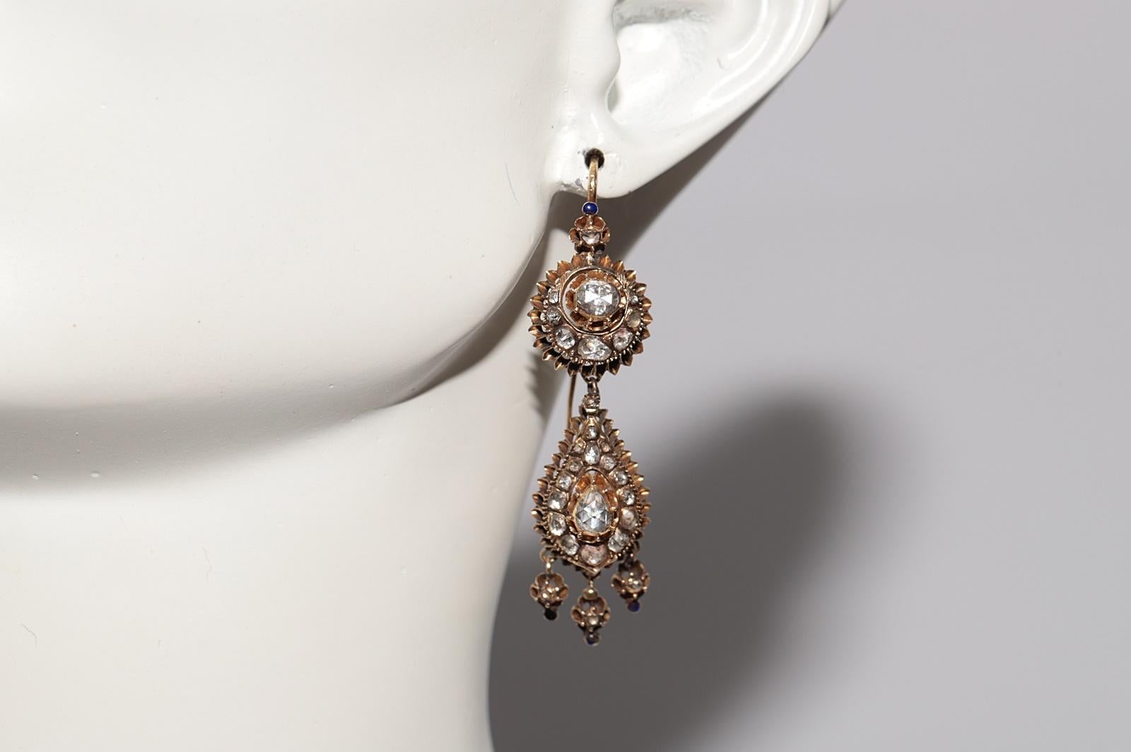 Antiquité Circa 1900s Or 16k Ottoman Naturel Diamant Rose Cut Drop Earring en vente 8