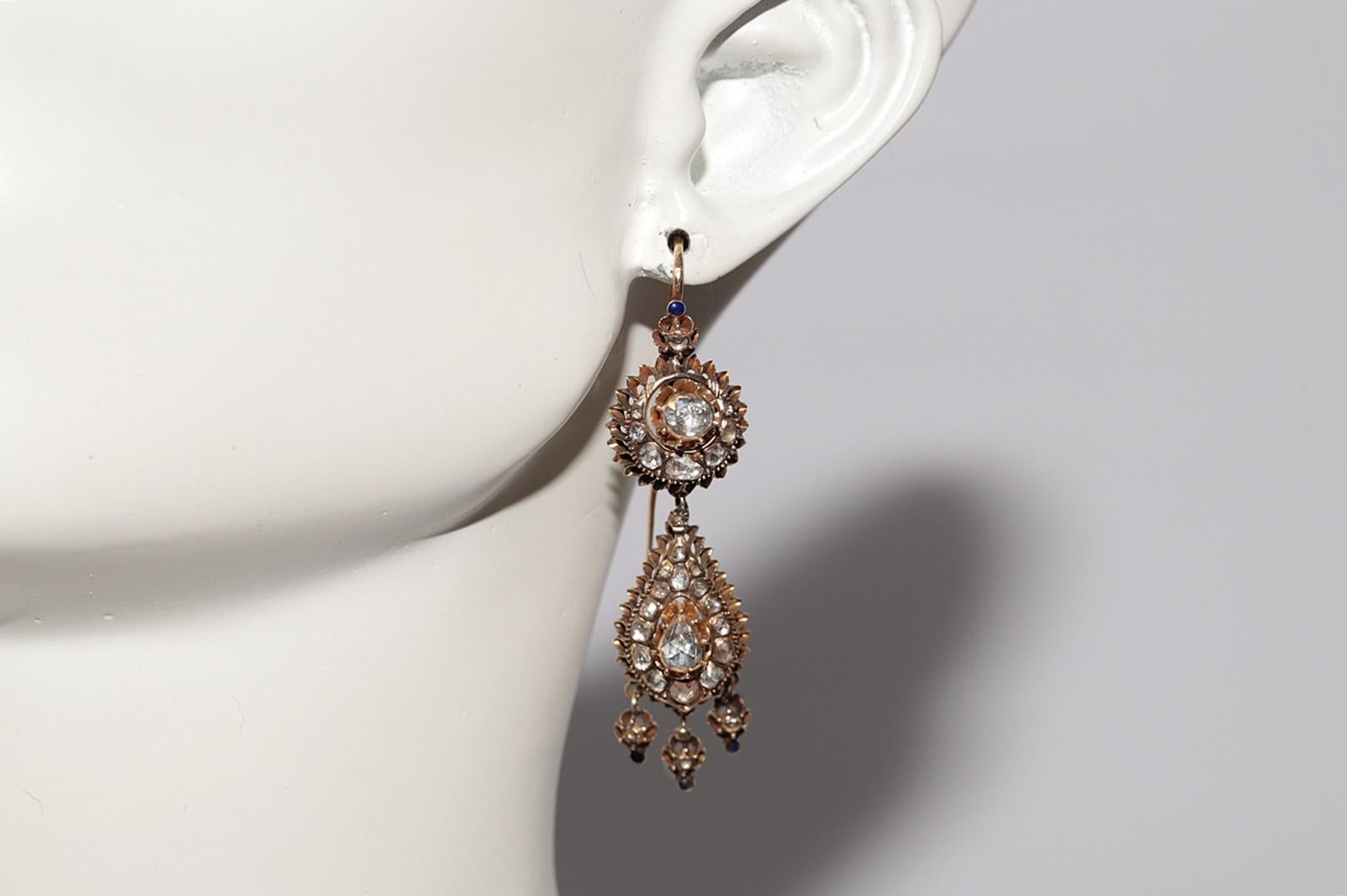 Antiquité Circa 1900s Or 16k Ottoman Naturel Diamant Rose Cut Drop Earring en vente 10
