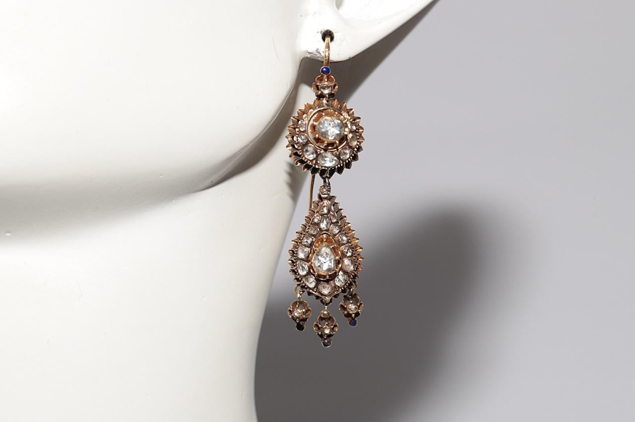 Antiquité Circa 1900s Or 16k Ottoman Naturel Diamant Rose Cut Drop Earring en vente 11