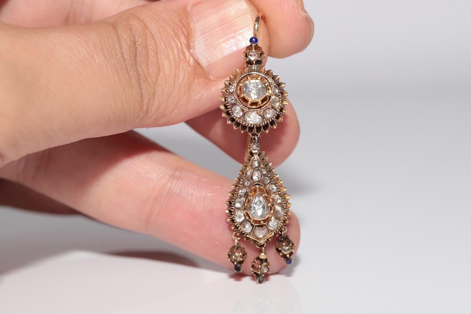 Antiquité Circa 1900s Or 16k Ottoman Naturel Diamant Rose Cut Drop Earring Bon état - En vente à Fatih/İstanbul, 34
