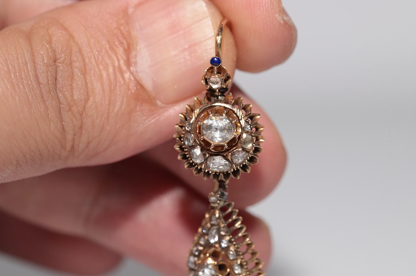 Antiquité Circa 1900s Or 16k Ottoman Naturel Diamant Rose Cut Drop Earring Pour femmes en vente
