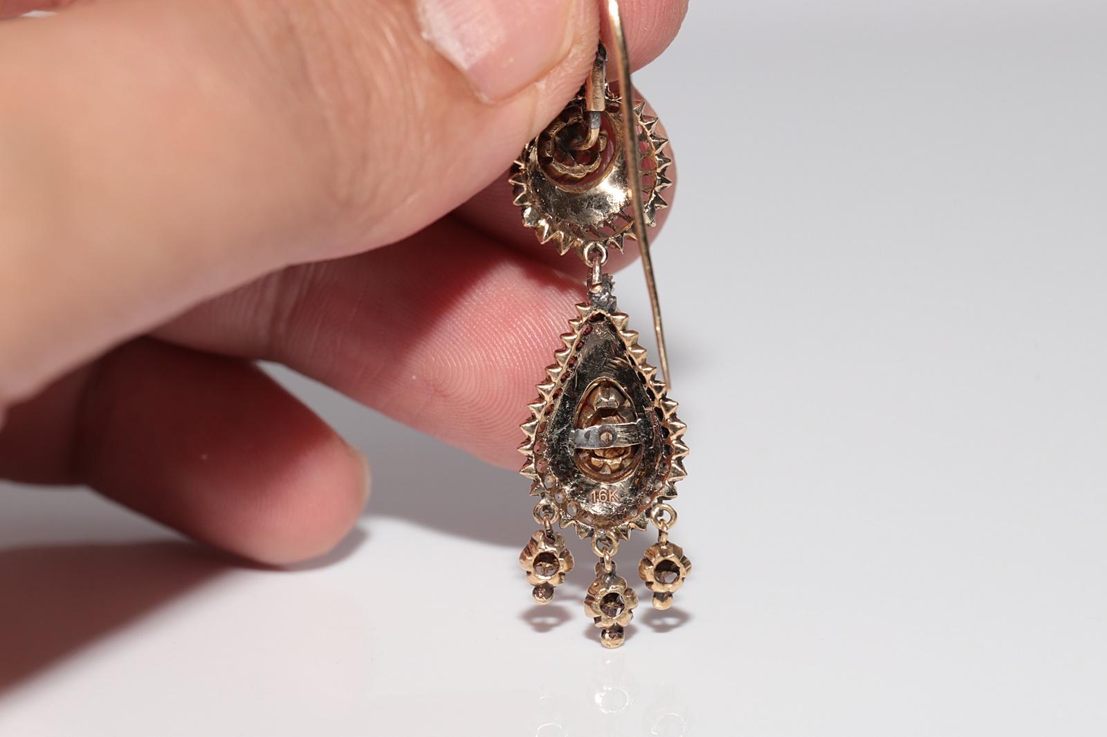 Antiquité Circa 1900s Or 16k Ottoman Naturel Diamant Rose Cut Drop Earring en vente 3