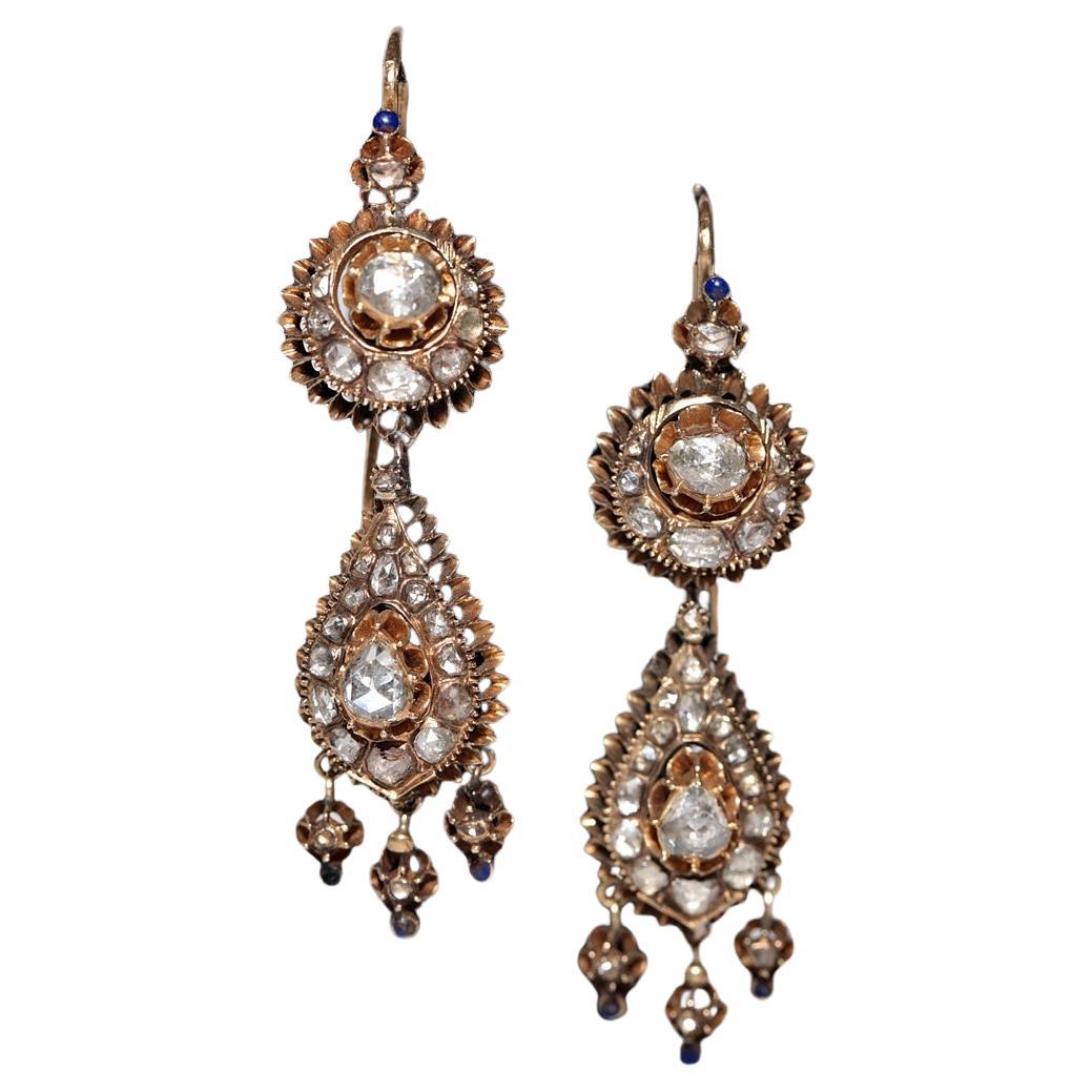 Antique Circa 1900s 16k Gold Ottoman Natural Rose Cut Diamond Drop Earring