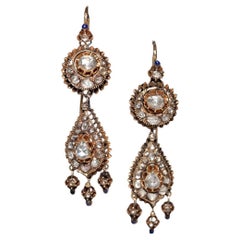 Antique Circa 1900s 16k Gold Ottoman Natural Rose Cut Diamond Drop Earring