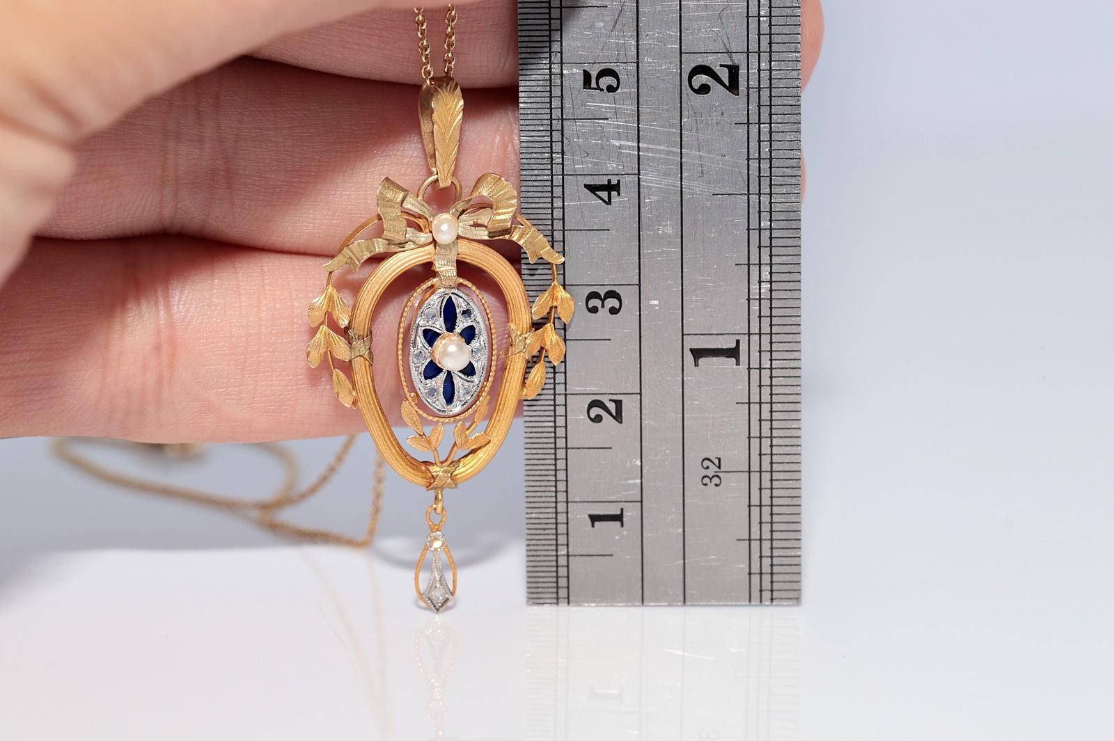 Collana antica del 1900 in oro 18k con smalto e perle, decorata con un fiocco in vendita 5