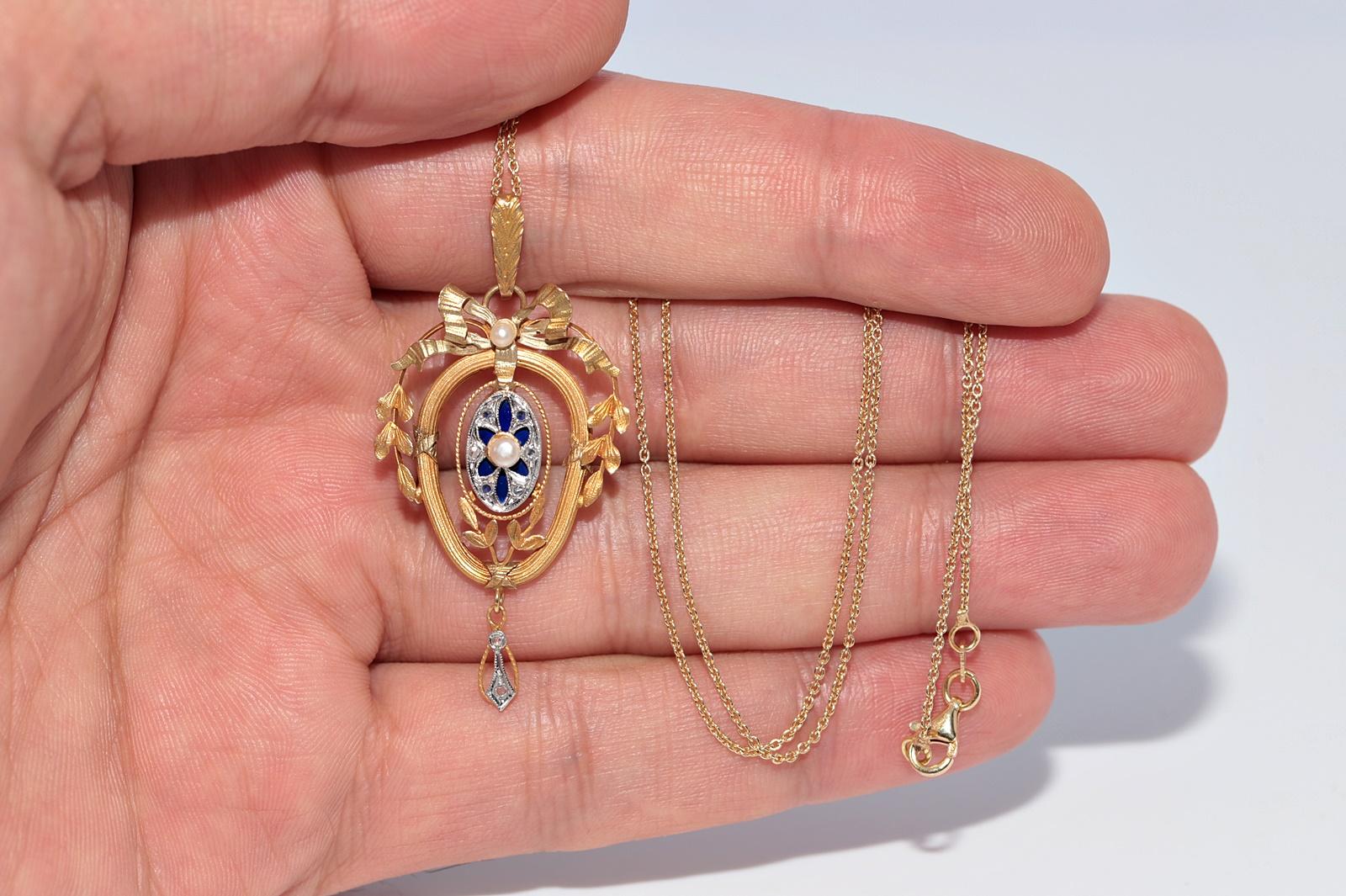 Collana antica del 1900 in oro 18k con smalto e perle, decorata con un fiocco in vendita 7