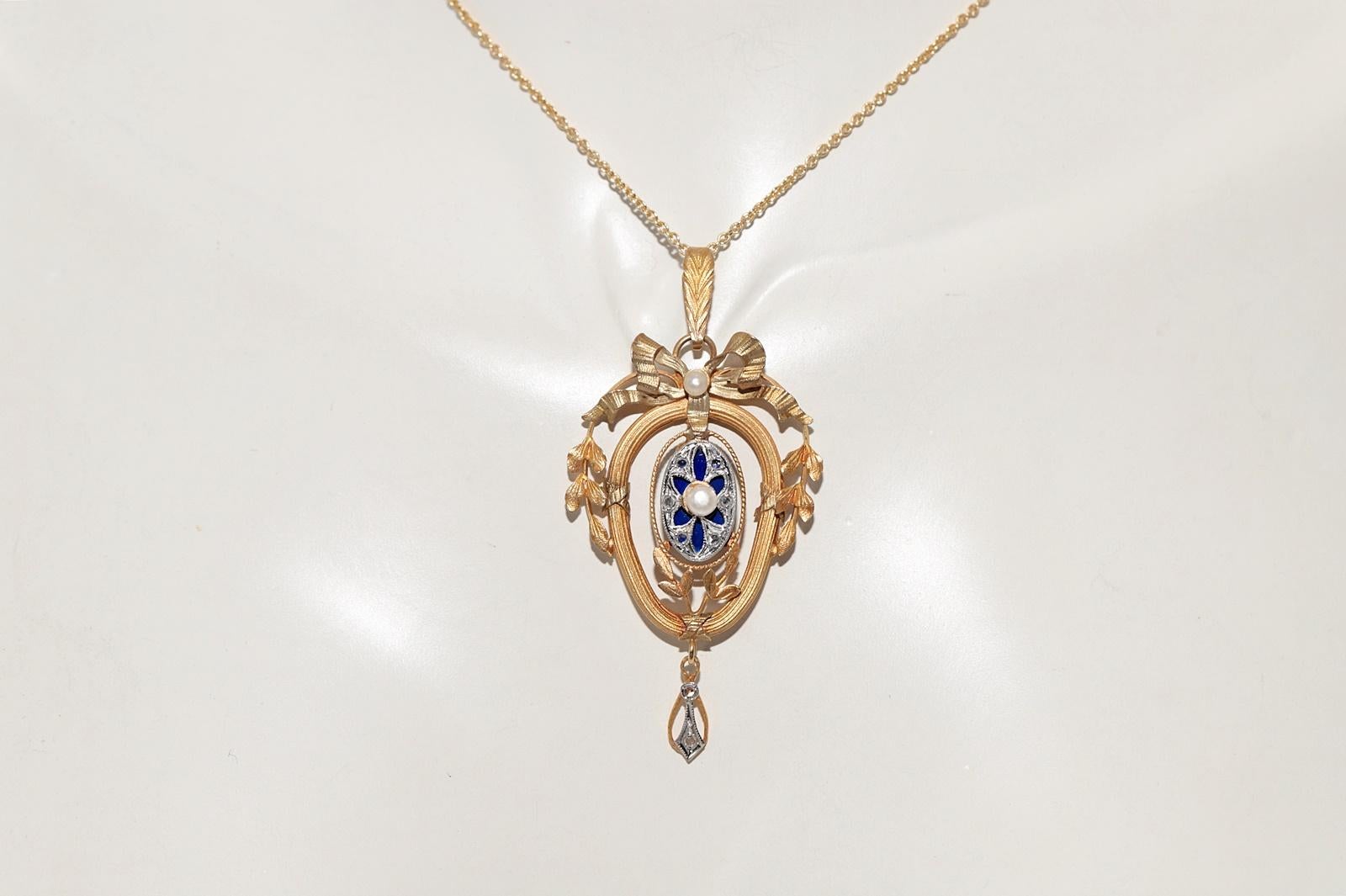 Vittoriano Collana antica del 1900 in oro 18k con smalto e perle, decorata con un fiocco in vendita