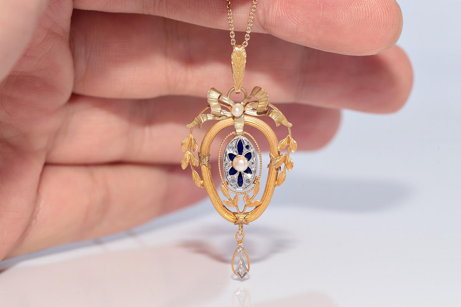 Collana antica del 1900 in oro 18k con smalto e perle, decorata con un fiocco In condizioni buone in vendita a Fatih/İstanbul, 34