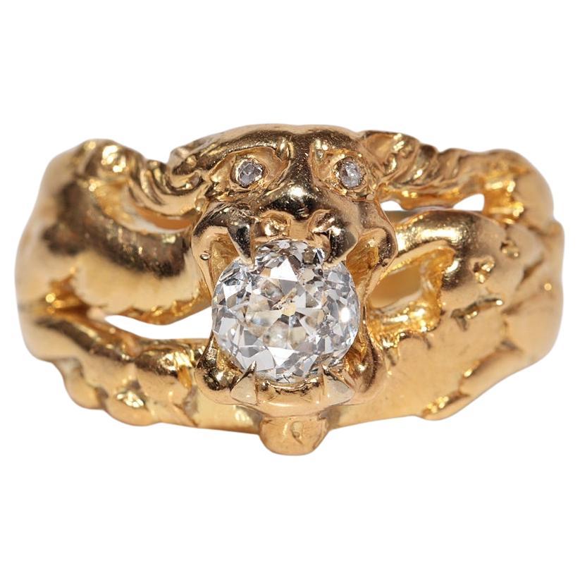 Antiquités Circa 1900s Or 18k Handcraft Dragon  Bague de diamants naturels taille ancienne