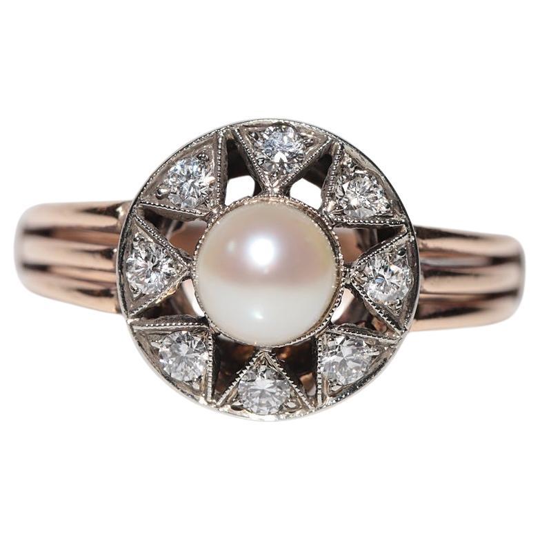 Antique Circa 1900s 18k Gold Handcrafted Natural Diamond And Pearl Cocktail Ring