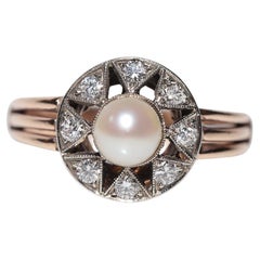 Antique Circa 1900s 18k Gold Handcrafted Natural Diamond And Pearl Cocktail Ring