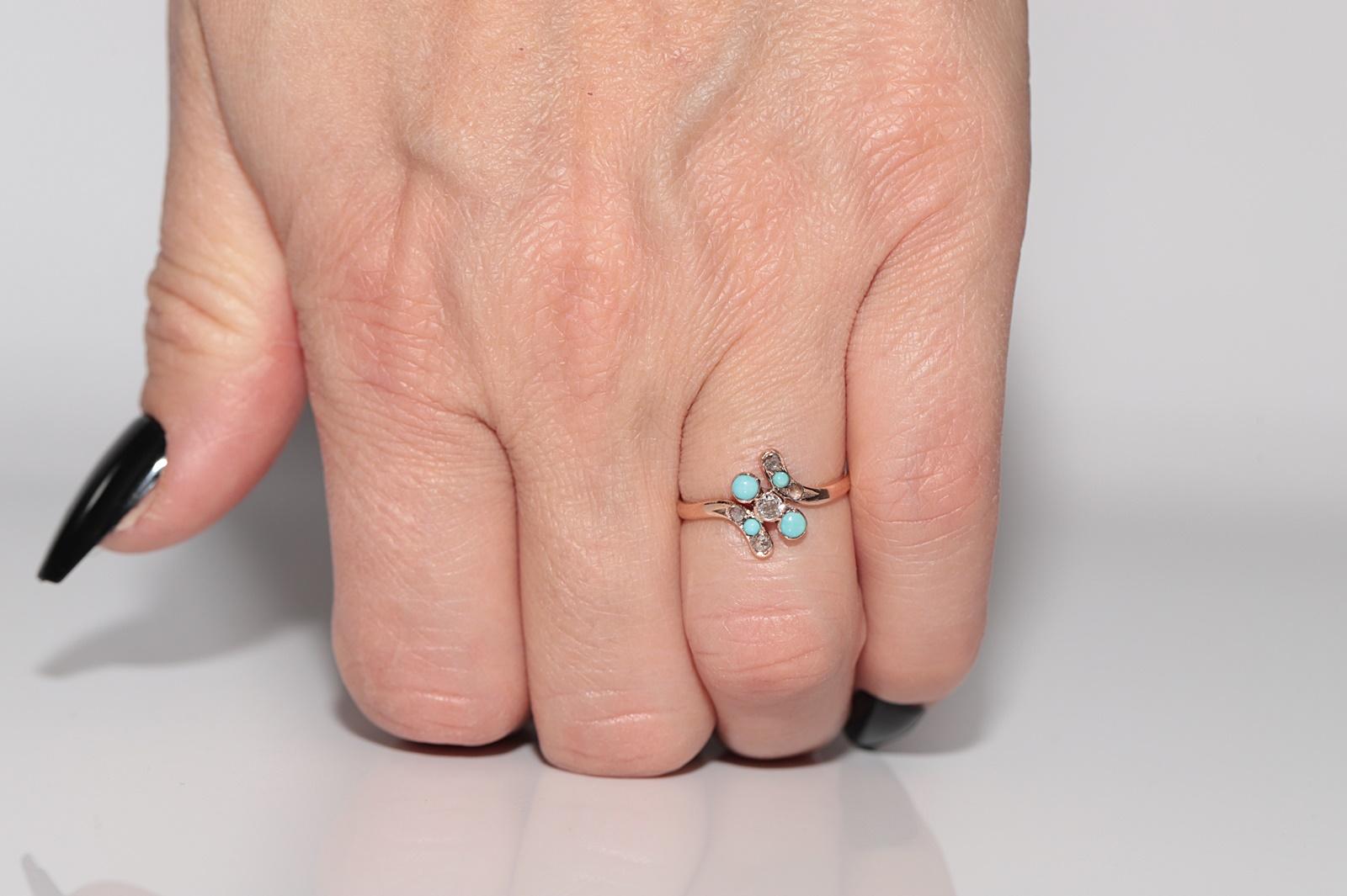 Victorien Bague ancienne des années 1900 en or 18 carats, fabriquée à la main, avec diamant naturel et turquoise en vente