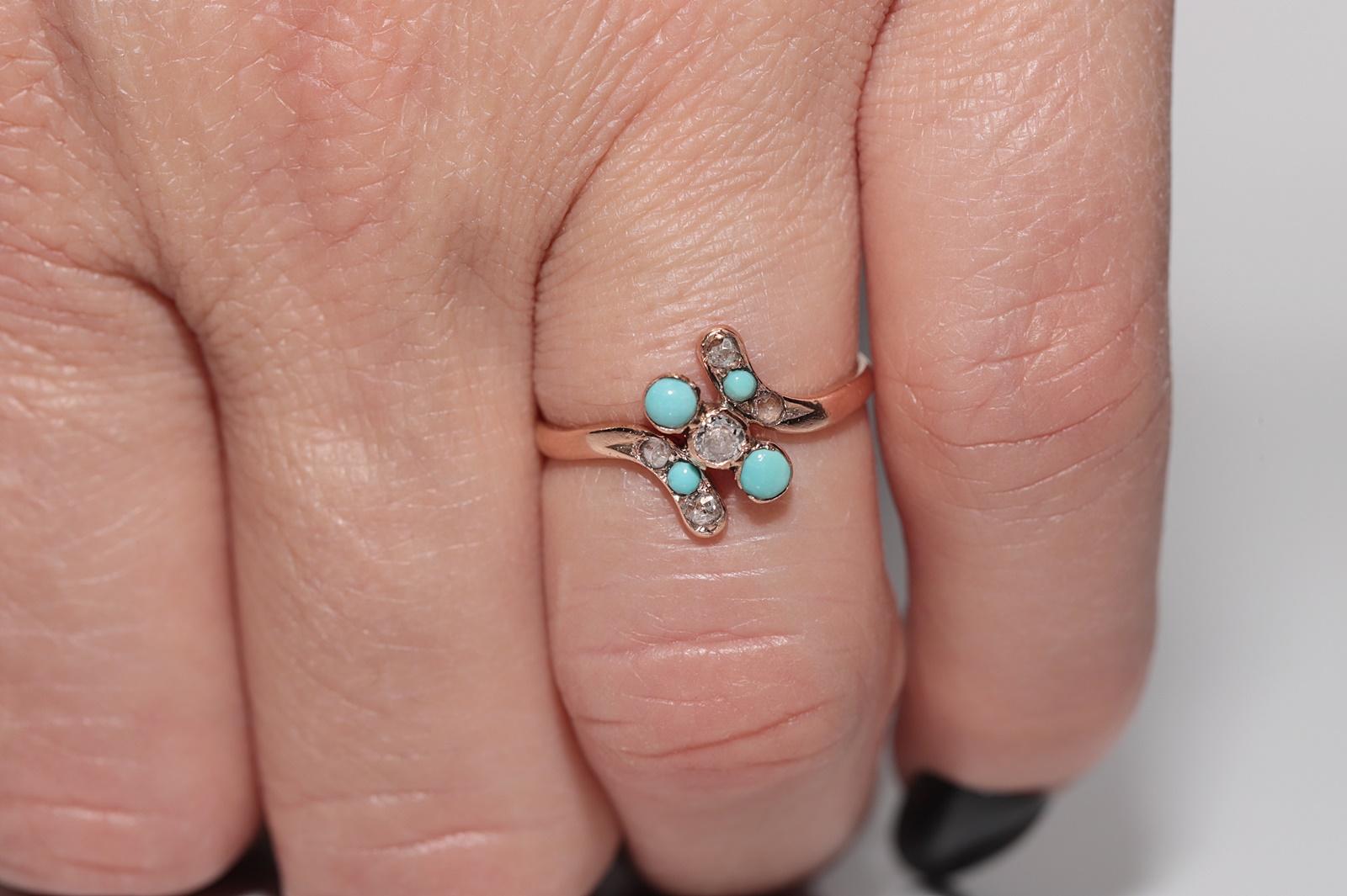 Rose Cut Antique Circa 1900s 18k Gold Handcrafted Natural Diamond And Turquoise Ring For Sale