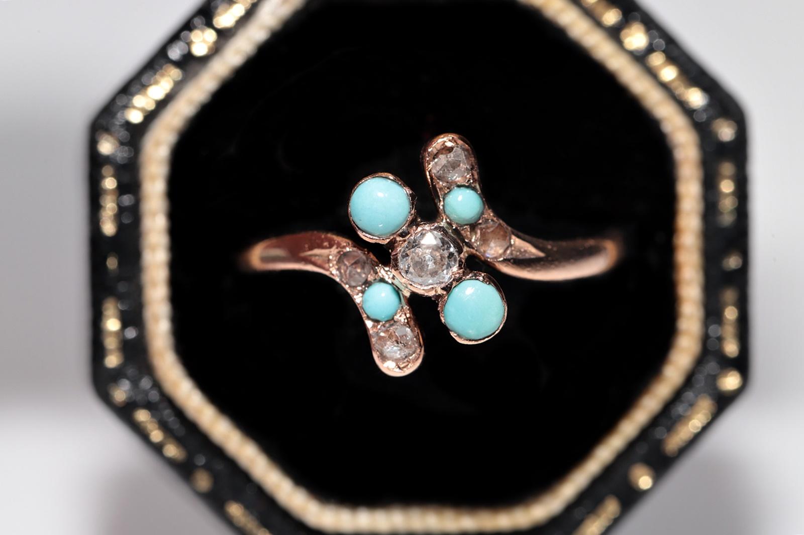 Bague ancienne des années 1900 en or 18 carats, fabriquée à la main, avec diamant naturel et turquoise Pour femmes en vente