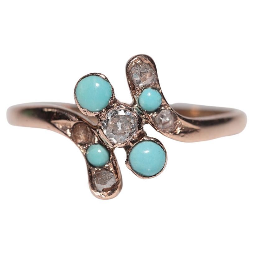 Bague ancienne des années 1900 en or 18 carats, fabriquée à la main, avec diamant naturel et turquoise