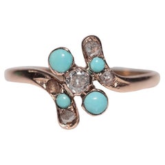 Anello antico CIRCA 1900 in oro 18 carati con diamanti naturali e turchesi, realizzato a mano