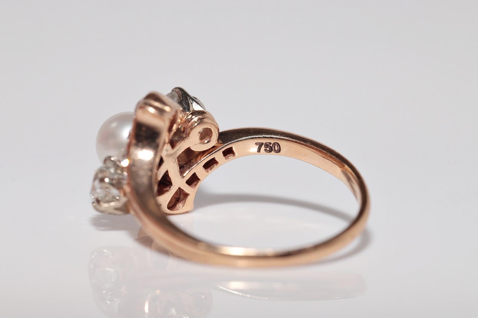 Antiguo anillo artesanal de oro de 18 quilates con diamantes naturales talla antigua y perlas, circa 1900 en venta 4