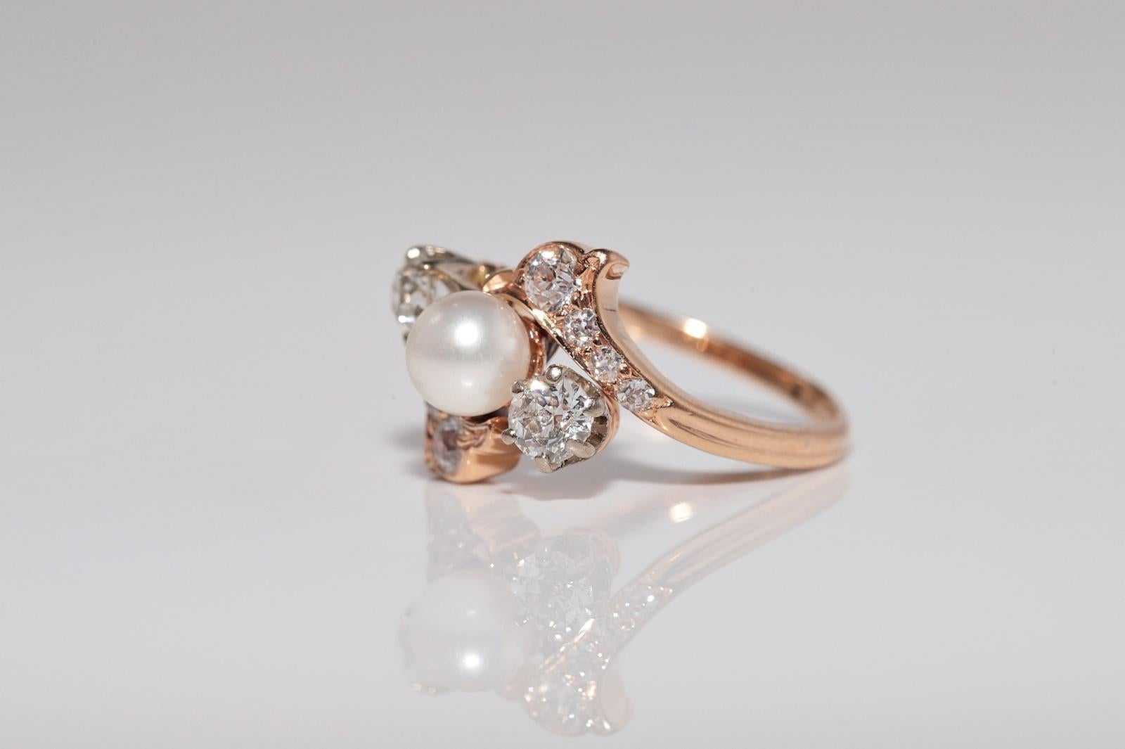 Antiguo anillo artesanal de oro de 18 quilates con diamantes naturales talla antigua y perlas, circa 1900 en venta 5