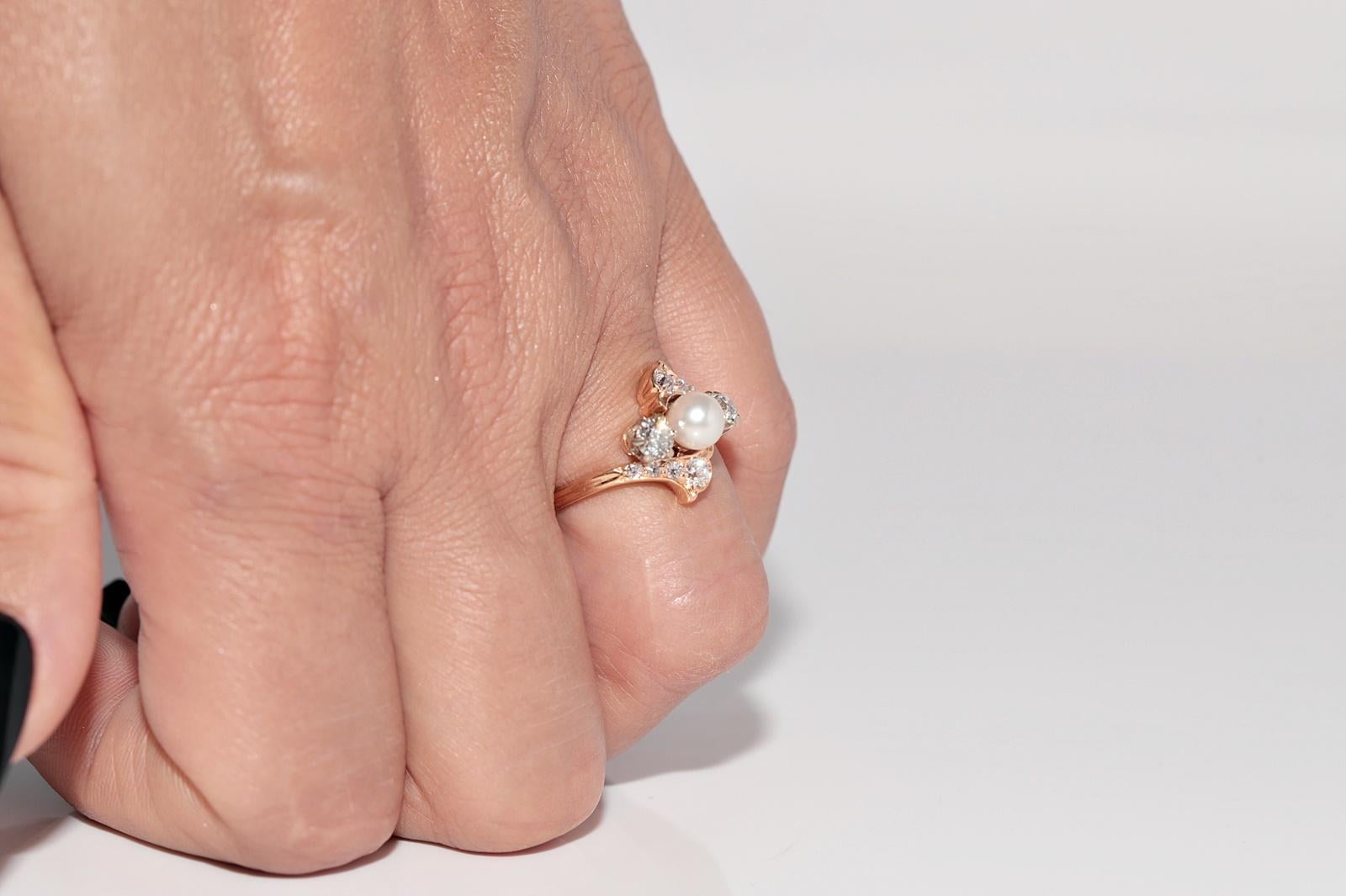 Antiguo anillo artesanal de oro de 18 quilates con diamantes naturales talla antigua y perlas, circa 1900 en venta 11