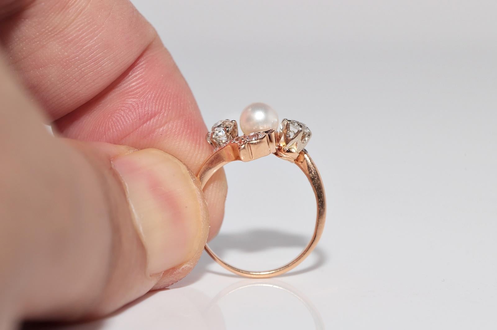 De las mujeres Antiguo anillo artesanal de oro de 18 quilates con diamantes naturales talla antigua y perlas, circa 1900 en venta