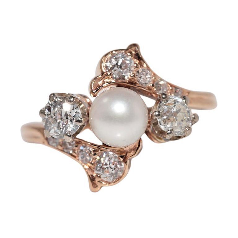 Bague ancienne en or 18k circa 1900, faite à la main, diamant naturel taille ancienne et perle