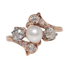 Bague ancienne en or 18k circa 1900, faite à la main, diamant naturel taille ancienne et perle