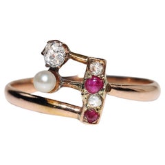 Antique Circa 1900s 18k Gold Handmade Natural Diamond And Ruby Decorated Ring