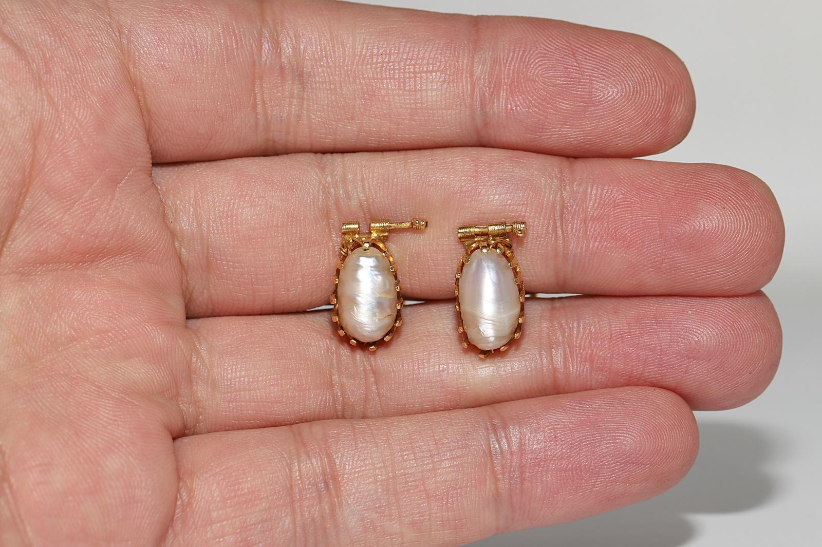 Antique Circa 1900s 18k Gold Handmade Natural Pearl Decorated Solitaire Earring For Sale 6