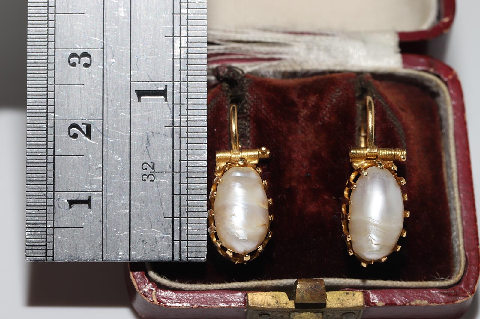Round Cut Antique Circa 1900s 18k Gold Handmade Natural Pearl Decorated Solitaire Earring For Sale