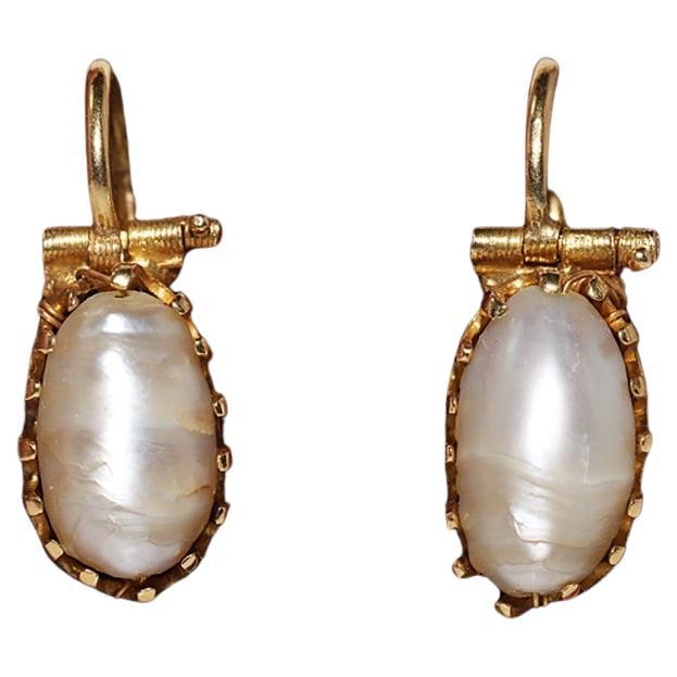 Antique Circa 1900s 18k Gold Handmade Natural Pearl Decorated Solitaire Earring For Sale