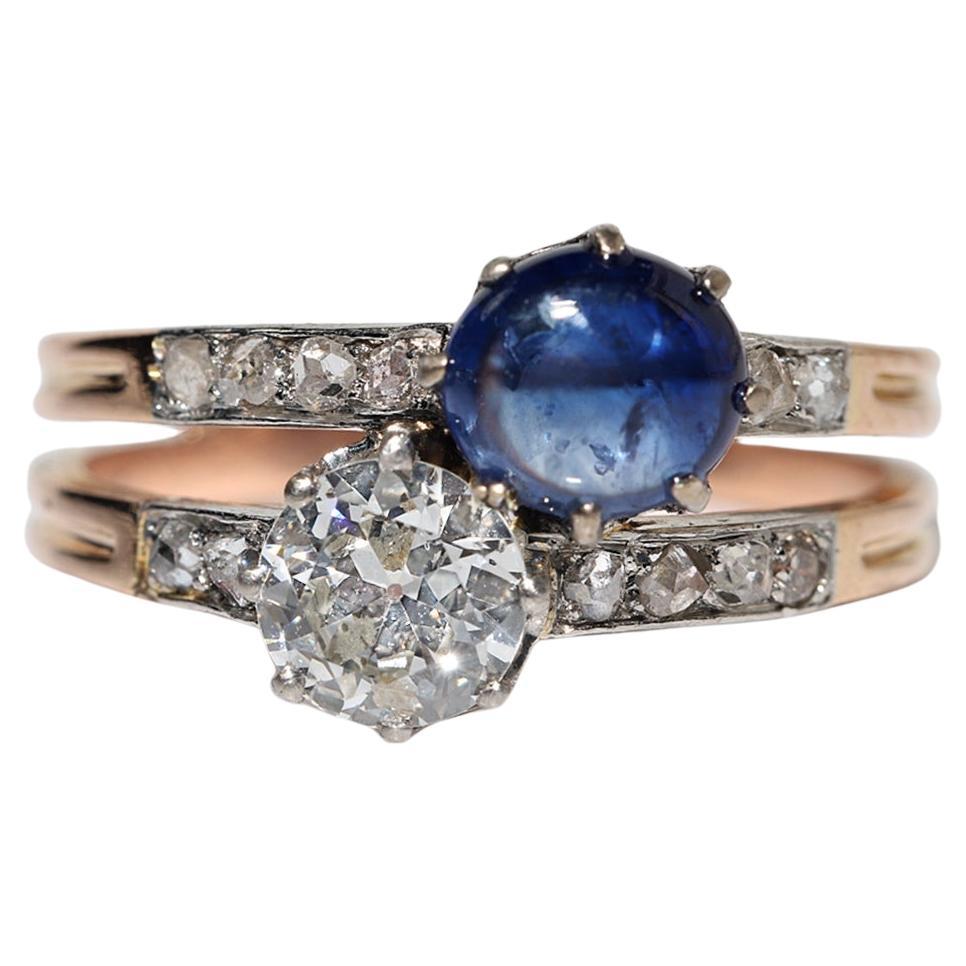Antique Circa 1900s 18k Gold Natural Diamond And Cabochon Sapphire Ring 