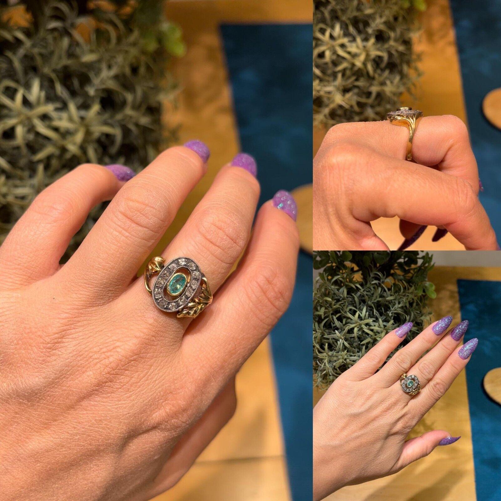 Bague ancienne des années 1900 en or 18 carats décorée de diamants naturels et d'émeraudes en vente 7