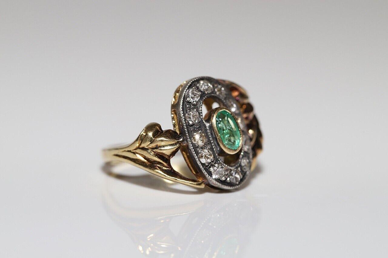 Bague ancienne des années 1900 en or 18 carats décorée de diamants naturels et d'émeraudes Bon état - En vente à Fatih/İstanbul, 34