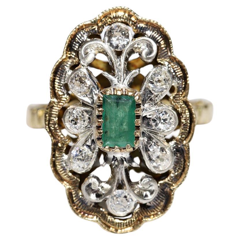 Antique Circa 1900s 18k Gold Natural Diamond And Emerald Decorated Ring  For Sale