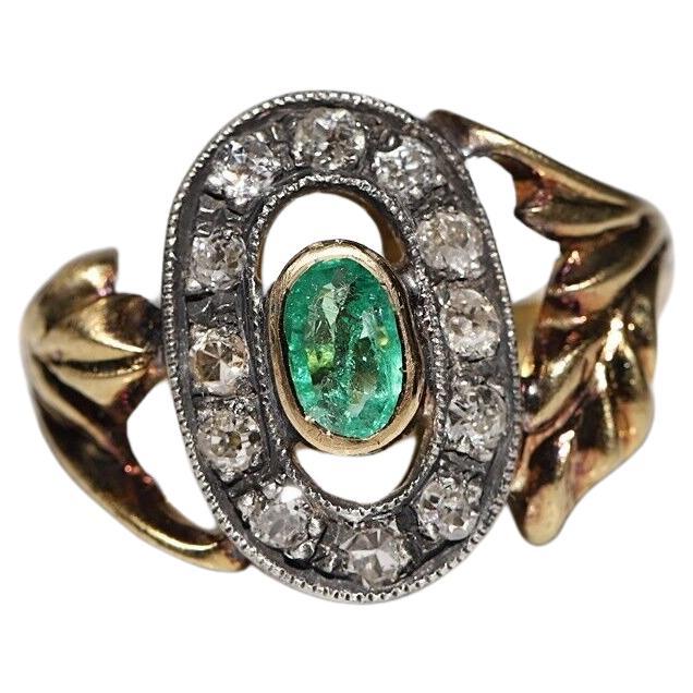 Anillo Antiguo Circa 1900s Oro 18k Decorado con Diamantes Naturales y Esmeraldas