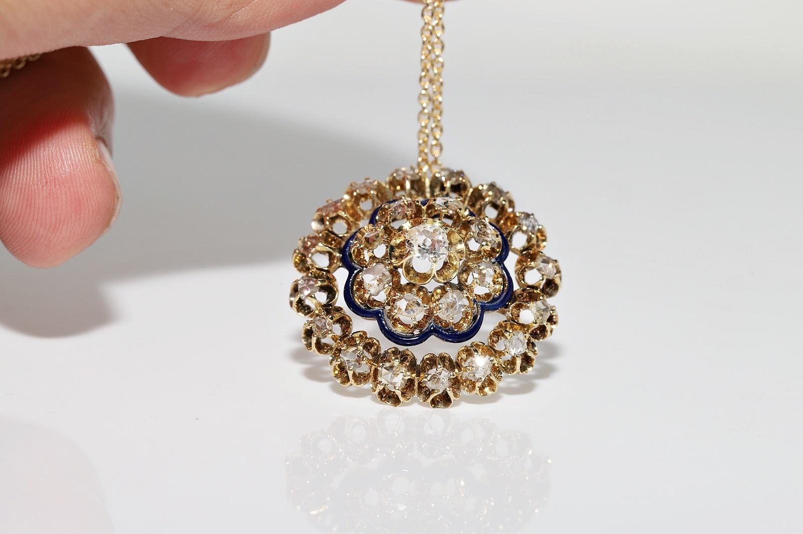 Antique Circa 1900s 18k Gold Natural Diamond And Enamel Pendant Necklace For Sale 8