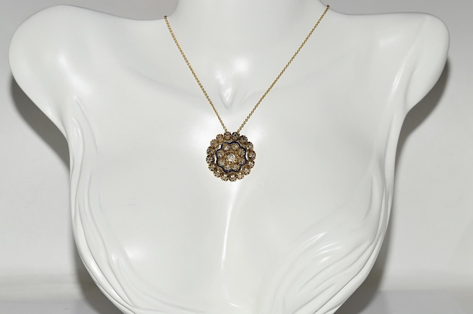 Victorian Antique Circa 1900s 18k Gold Natural Diamond And Enamel Pendant Necklace For Sale