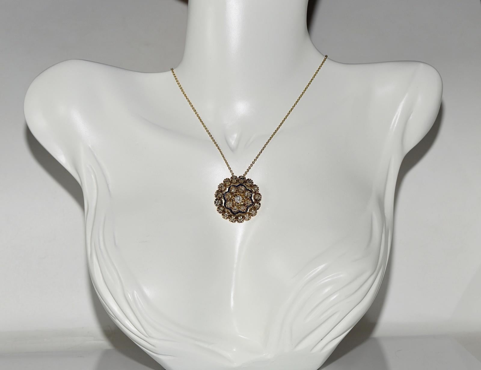 Rose Cut Antique Circa 1900s 18k Gold Natural Diamond And Enamel Pendant Necklace For Sale
